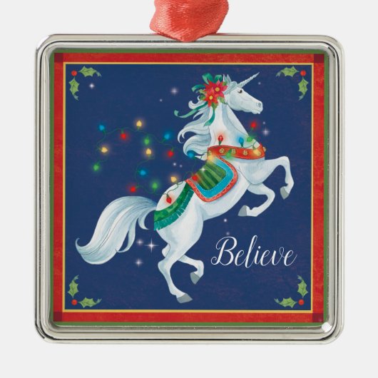 Kerst Unicorn Ornament, "Geloof"! Metalen Ornament (Voorkant)