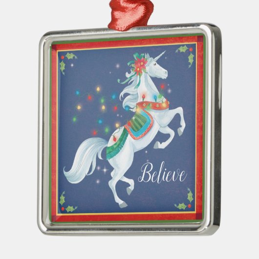 Kerst Unicorn Ornament, "Geloof"! Metalen Ornament (Links)