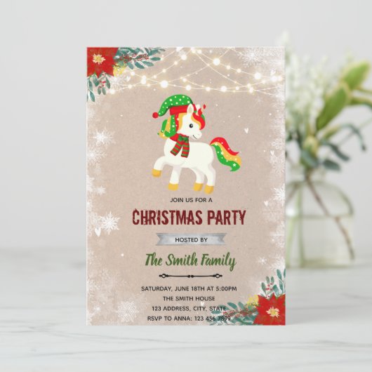 Kerst-unicorn uitnodiging (Staand voorkant)