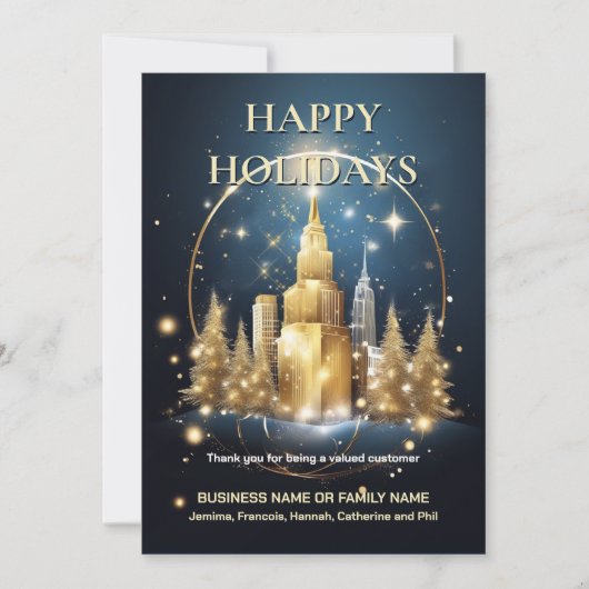 Kerst Urban Skyline Gold Tree Blue Chip bedankt Feestdagenkaart (Voorkant)