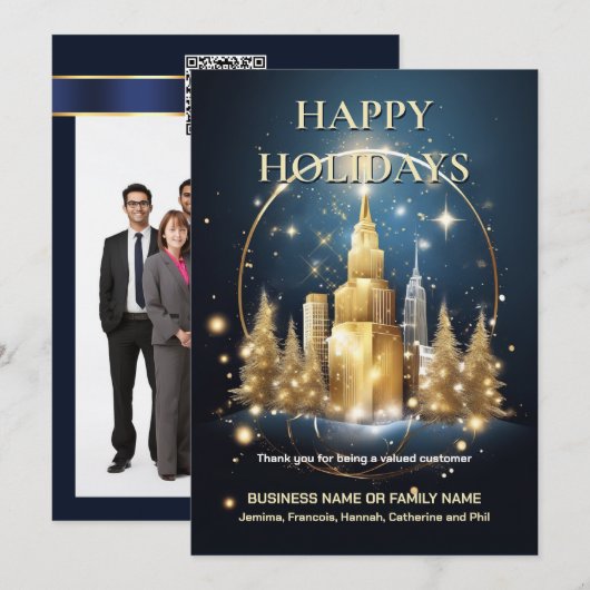 Kerst Urban Skyline Gold Tree Blue Chip bedankt Feestdagenkaart (Voorkant / Achterkant)