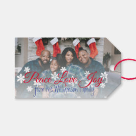 Kerst Uw Foto Vrede Liefde Vreugde Rood Script Cadeaulabel