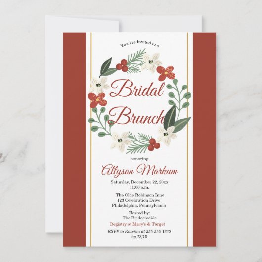 Kerst Vakantie Bloemen Krans Bruids Brunch Kaart (Voorkant)