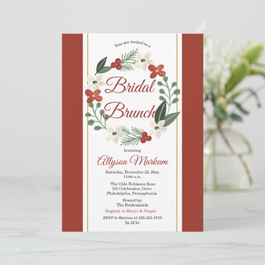 Kerst Vakantie Bloemen Krans Bruids Brunch Kaart (Staand voorkant)