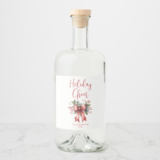 Kerst Vakantie Cheer Script Red Bow Naam Likeurfles Etiket (Voorkant)
