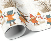 Kerst, Vakantie Gelukkige Kinderen in Sneeuw Cadeaupapier (Rol Hoek)