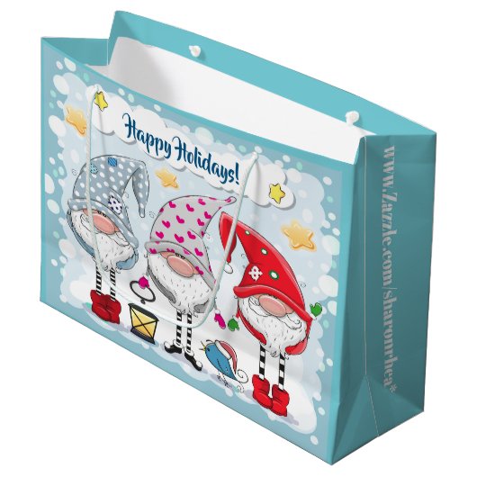 Kerst / Vakantie Gnomes Gift Tas Groot Cadeauzakje (Voorkant Gekanteld)