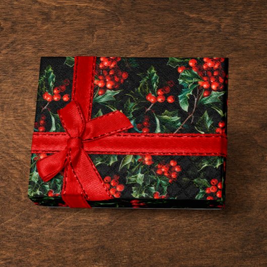 Kerst/Vakantie Levendige Rode Bessen & Bladeren Cadeaupapier