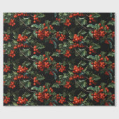 Kerst/Vakantie Levendige Rode Bessen & Bladeren Cadeaupapier (Vlak)