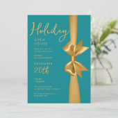 Kerst Vakantie Open Huis Gouden Lint Blauwgroen Kaart (Staand voorkant)