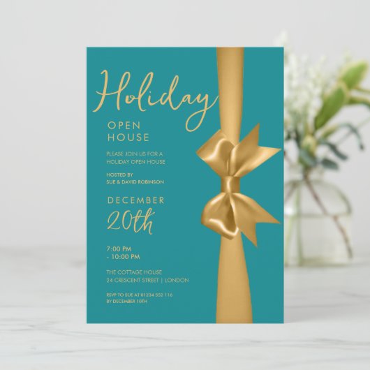 Kerst Vakantie Open Huis Gouden Lint Blauwgroen Kaart (Staand voorkant)
