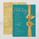 Kerst Vakantie Open Huis Gouden Lint Blauwgroen Kaart (Voorkant / Achterkant)