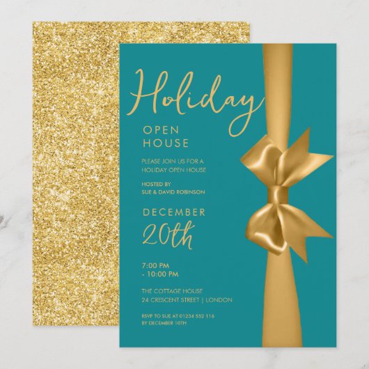 Kerst Vakantie Open Huis Gouden Lint Blauwgroen Kaart (Voorkant / Achterkant)