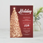 Kerst Vakantie Open Huis Party Rood Goud Kaart (Staand voorkant)