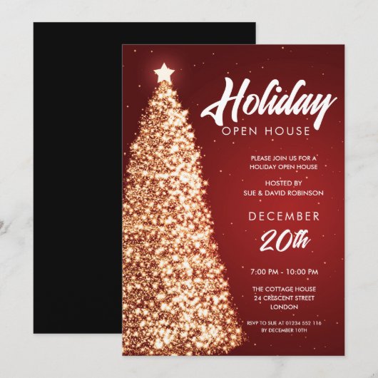 Kerst Vakantie Open Huis Party Rood Goud Kaart (Voorkant / Achterkant)