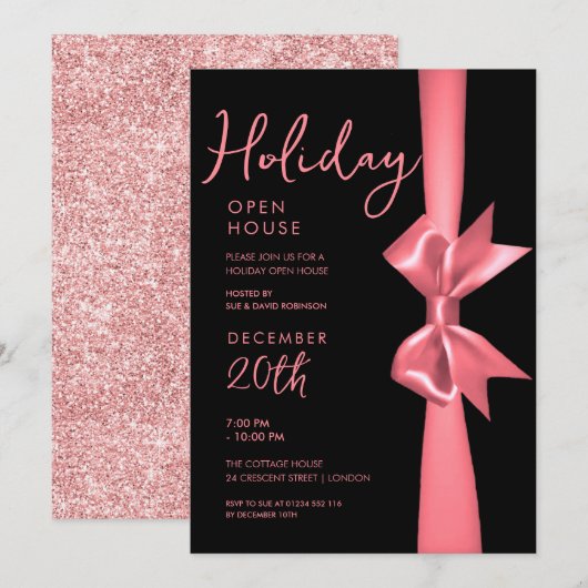 Kerst Vakantie Open Huis Roos Goud Lint Kaart (Voorkant / Achterkant)