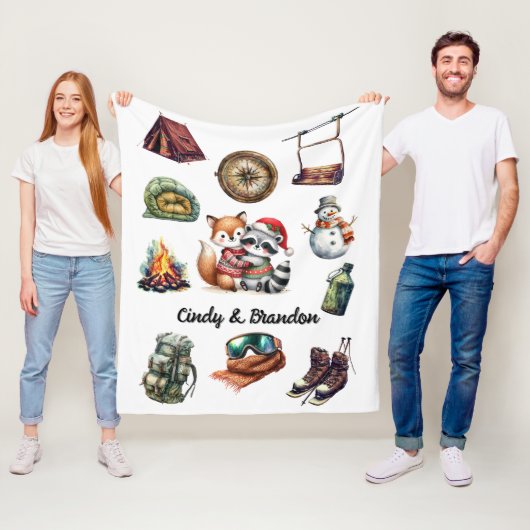 Kerst Vakantie Paar Outdoor Fox Wasbeer Wit Fleece Deken (In situ)