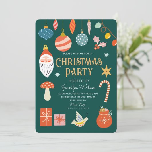 Kerst Vakantie Party Ornament & Lichten Kaart (Staand voorkant)