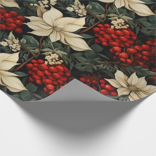 Kerst/Vakantie Poinsettias Red Berries Greenery Cadeaupapier (Hoek)