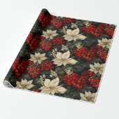 Kerst/Vakantie Poinsettias Red Berries Greenery Cadeaupapier (Uitgerold)