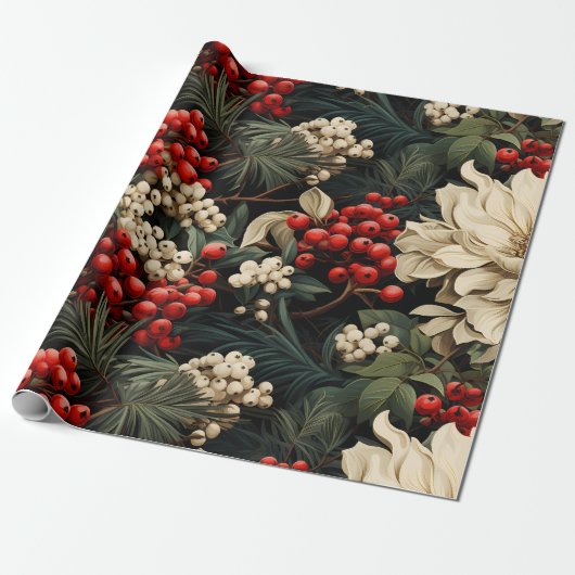 Kerst/vakantie Vette bloemen, bessen & bladeren Cadeaupapier (Uitgerold)