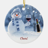 Kerst Vakantie Wijn Sneeuwman Schattige Grappig Keramisch Ornament (Voorkant)