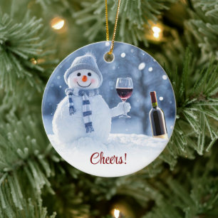 Kerst Vakantie Wijn Sneeuwman Schattige Grappig Keramisch Ornament