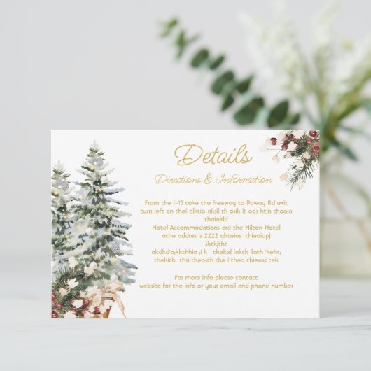 Kerst Vakantie Winter Bruiloft Details Info Kaart (Staand voorkant)