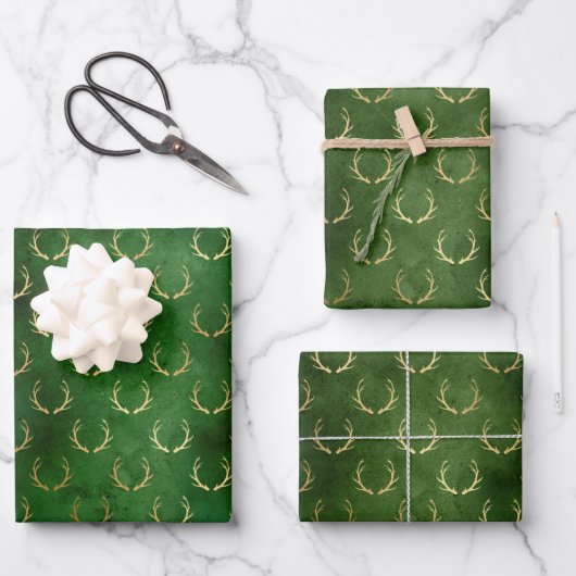 Kerst van Boho Green Gold Antlers Inpakpapier Vel (Voorkant)