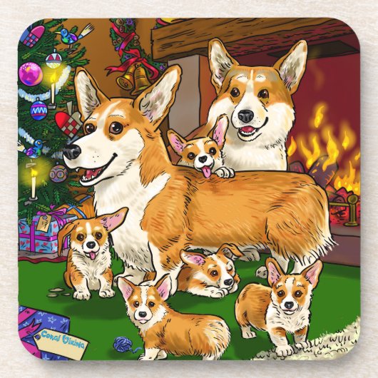 Kerst van de familie Corgi Bier Onderzetter (Voorkant)
