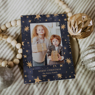 Kerst van de hemel Gold Stars op blauwe foto Feestdagenkaart