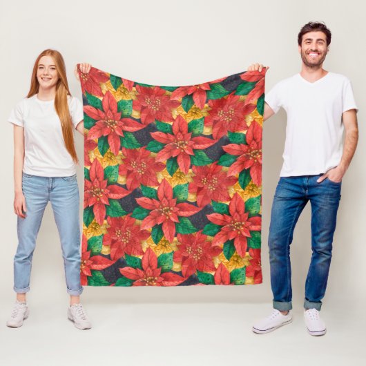 Kerst van de rode en gouden Poinsettias Fleece Deken (In situ)