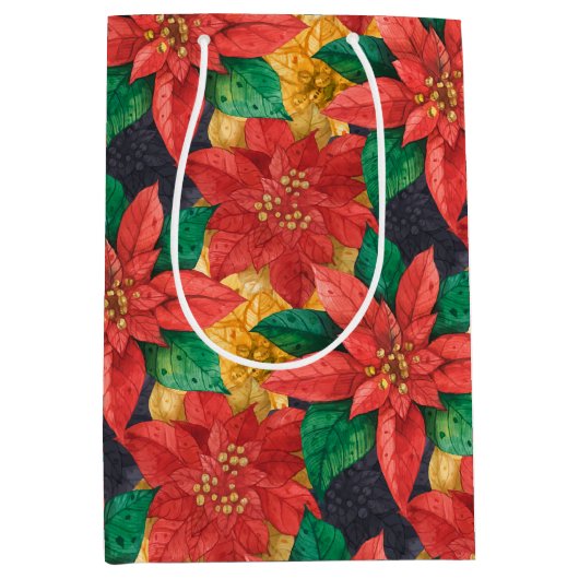 Kerst van de rode en gouden Poinsettias Medium Cadeauzakje (Voorkant)