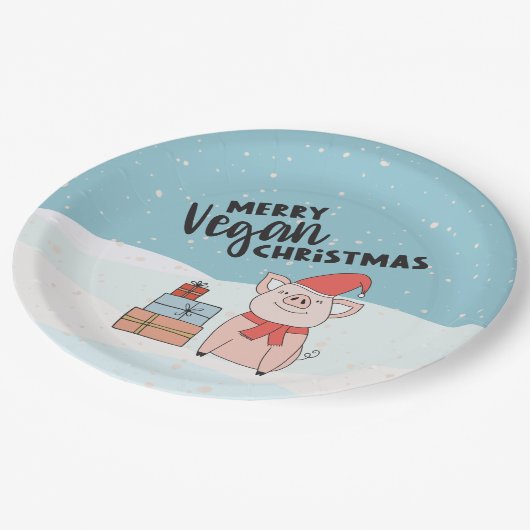 Kerst van de Vegan met cartoon biggen en cadeaus Papieren Bordje (Gekanteld)