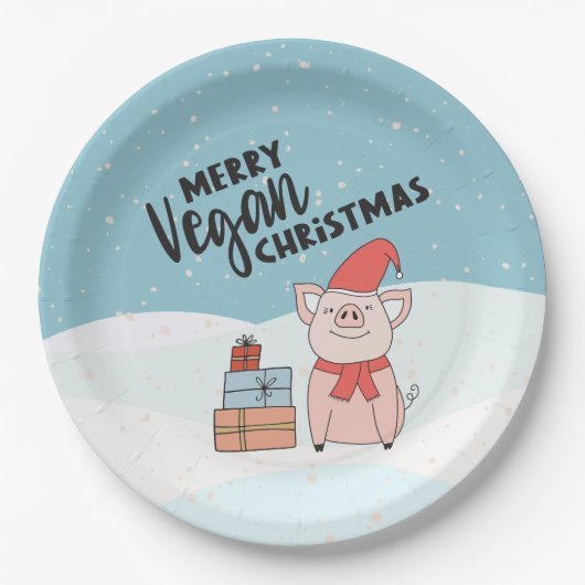 Kerst van de Vegan met cartoon biggen en cadeaus Papieren Bordje (Voorkant)