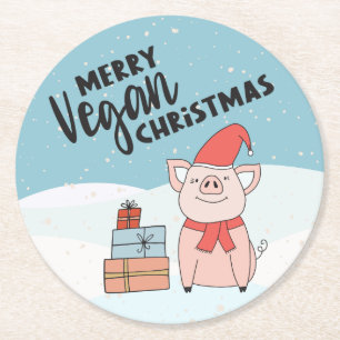 Kerst van de Vegan met cartoon biggen en cadeaus Ronde Kartonnen Onderzetter