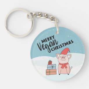 Kerst van de Vegan met cartoon biggen en cadeaus Sleutelhanger