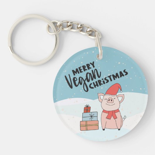 Kerst van de Vegan met cartoon biggen en cadeaus Sleutelhanger (Voorkant)