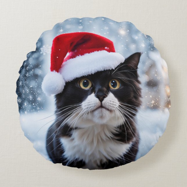 Kerst van de zwarte en witte kat rond kussen (Voorkant)