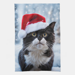 Kerst van de zwarte en witte kat theedoek