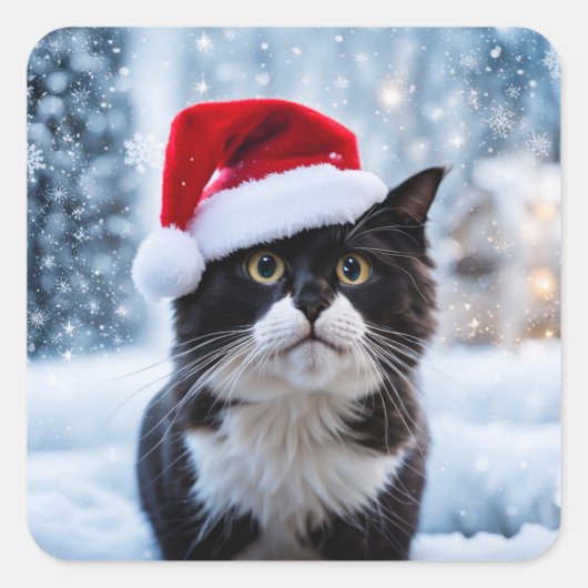 Kerst van de zwarte en witte kat vierkante sticker (Voorkant)