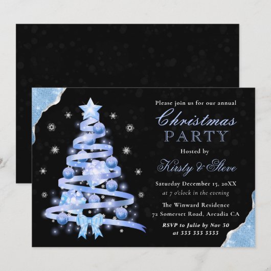 Kerst van Elegant Light Blue Ribbon Tree Kaart (Voorkant / Achterkant)