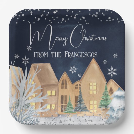 Kerst van het winterdorp Cozy Waterverf Winter Papieren Bordje (Voorkant)