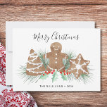 Kerst van koekjes feestdagenkaart<br><div class="desc">Deze Gingerbread Cookies Christmas Holiday Kaart is versierd met waterverf koekjes,  feestelijk groen en rode bessen. Het zegt vrolijk kerstfeest in stijlvolle scripttypografie en heeft een peperkoekkoekjespatroon op de achterkant. Gemakkelijk aan te passen. Originele Waterverf © Michele Davies.</div>