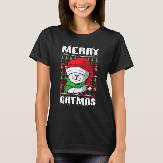 Kerst van Merry Catmas Ugly Xmas Cat 1 T-shirt (Voorkant)