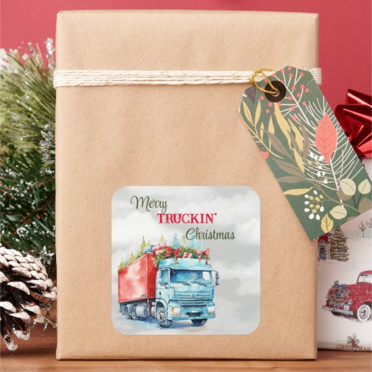 Kerst van Merry Truckin Vierkante Sticker (Feestdagen)