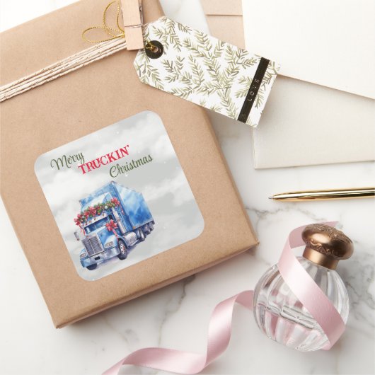 Kerst van Merry Truckin Vierkante Sticker (Geschenken)