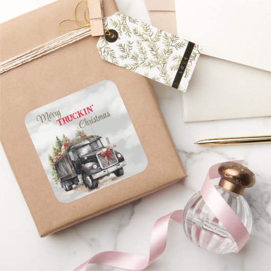 Kerst van Merry Truckin Vierkante Sticker (Geschenken)