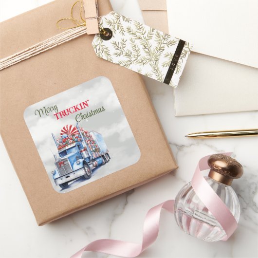 Kerst van Merry Truckin Vierkante Sticker (Geschenken)