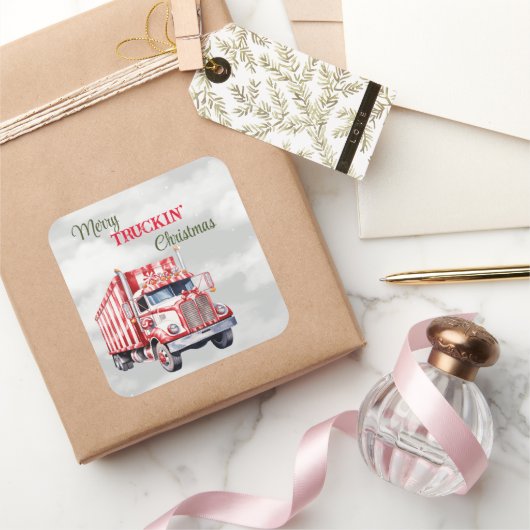 Kerst van Merry Truckin Vierkante Sticker (Geschenken)
